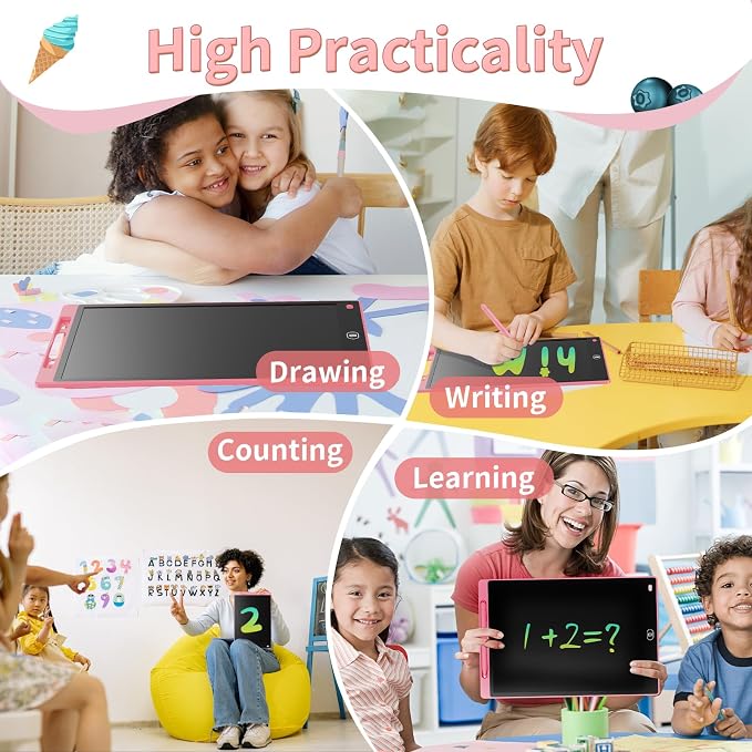 Genialba LCD Writing Board 8.5 Inches, Colourful Electronic Tablet, Portable Erasable Drawing Board, Graphic Tablet for Children's Games 3 4 5 6 7 Year Old Kid Boys Girls (Pink)