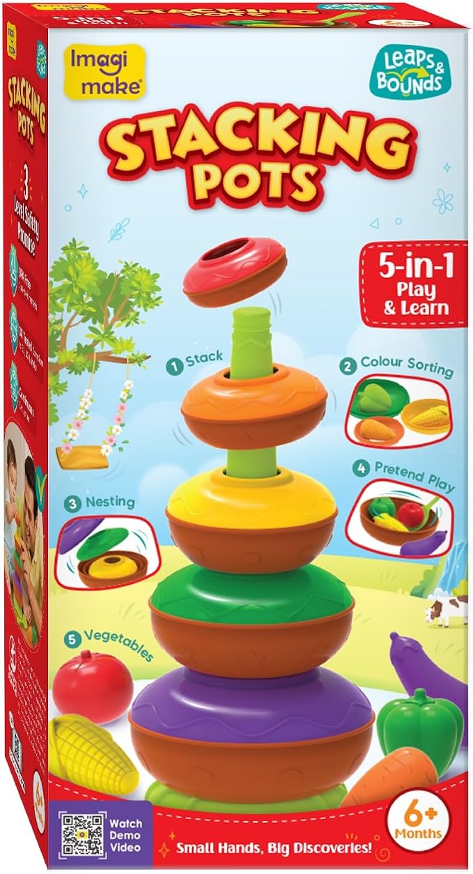 Imagimake Leaps & Bounds - Stacking Pots, 5-in-1 Activity Toy, Ages 6M+ | Early Learning Toy, Learn Colors, Stacking, Nesting & Size Sorting, First Birthday Gift for Babies 6,7,8,9,10,11,12 Months