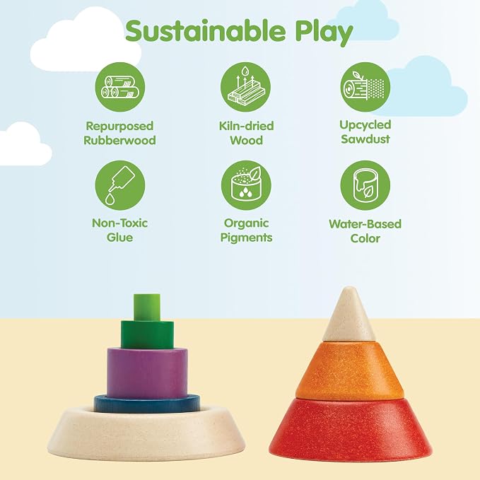 PlanToys® Cone Sorting Wooden Toy Set for Kids Ages 3+ Montessori Activity | cone sorting set, montessori colour size recognition, fine motor skill logic focus, ages 3+ educational wooden toy, preschool