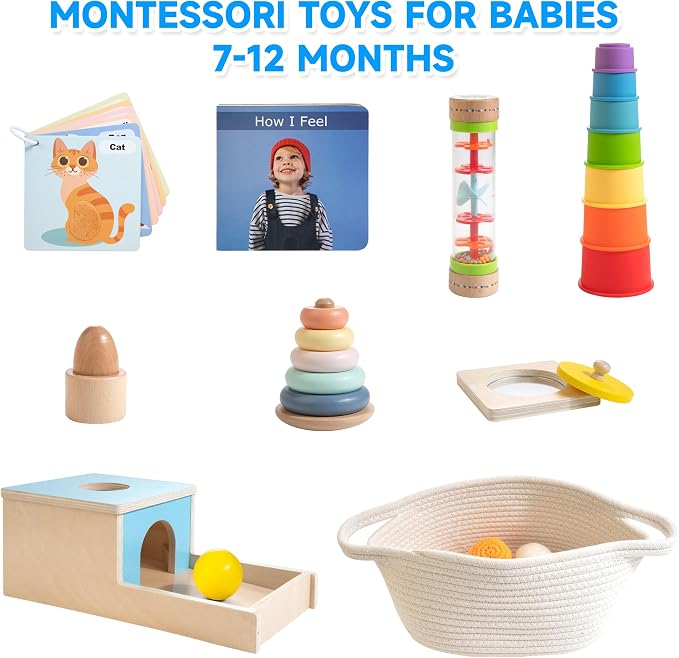 WOODMAM Montessori Toys for Babies 7-12 Months, 9 in 1 Educational Play Kit | Baby Toys 7-12 Months, Object Permanent Box, Stacking Cups, Mirror Puzzle, Ring Stacker, Baby Learning Toys, Baby Gifts