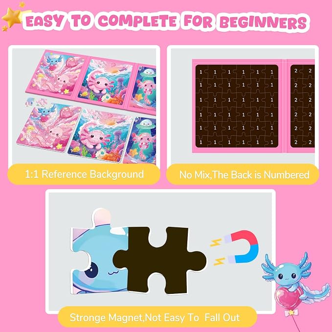 Homicozy Magnetic Puzzles for Toddler Kids 3-8, Axolotl Travel Toys | 36-Pieces Magnetic Puzzles for Girls Ages 3-5 4-6, Car Airplane Road Trip Activities, Quiet Screen-Free Game, Birthday Gifts