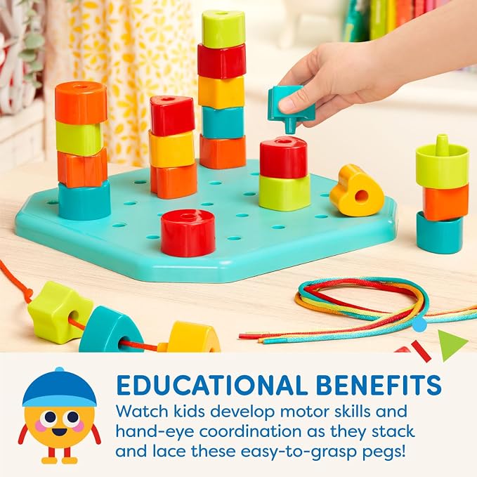Battat Toddler, Count & Match Stacking Pegboard Toy | 31-piece set with 1 pegboard, 25 colorful pegs, and 5 matching cords for stacking, lacing, counting, and matching, 2+ Years