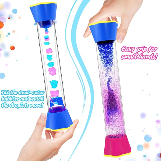 Sensory Fidget Tubes Set - Calming Toys for Kids - with Glitter Bottle, Gravity Spinner, Bubble Drop Spiral Hourglass - Promotes Calmness & Independent Play (2 Pack)
