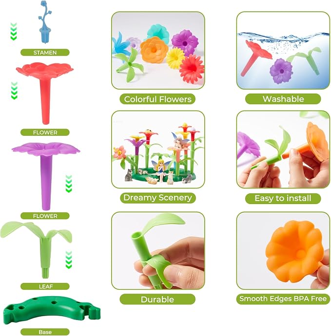 194 Pcs Flower Garden Building Toys, STEM Educational Block Set for Toddlers Ages 3-5, Non-Toxic Stacking Playset with Big Storage Box, Birthday for Preschool Kids