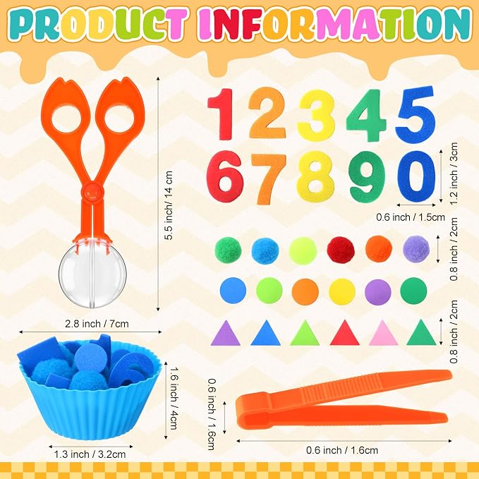 Blosssound 550 Pcs Fine Motor Toys Counting Sorting Sensory Bin Filler Set Include Pom Poms Numbers Shape Cups Tweezers Scissors Clips for Early Education Color Counting Sorting Training Activities