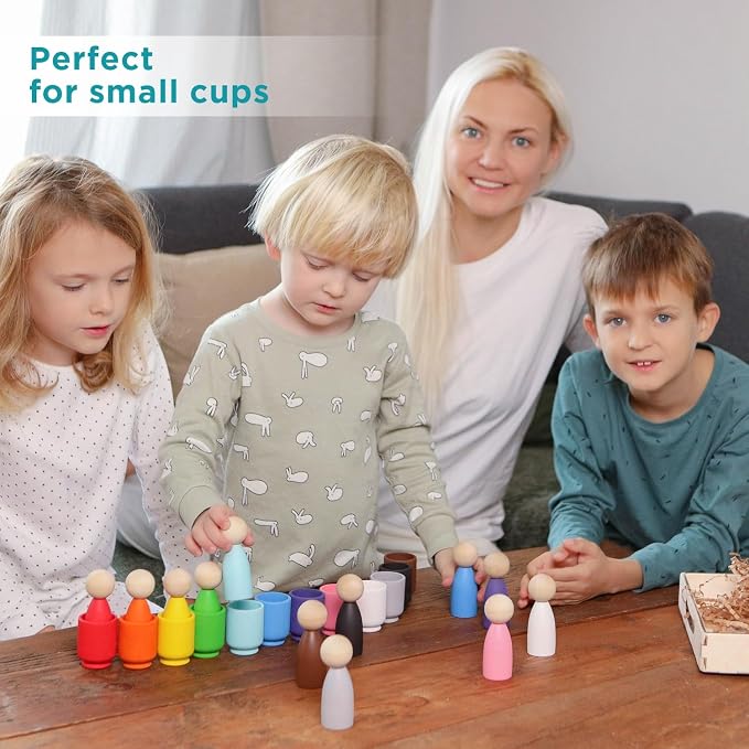 Ulanik Large Peg Dolls for Sorting Toddlers Montessori Toys for 1+ Year Old Baby Dolls Wooden Games for Learning Color Sorting & Counting — 12 Gnomes