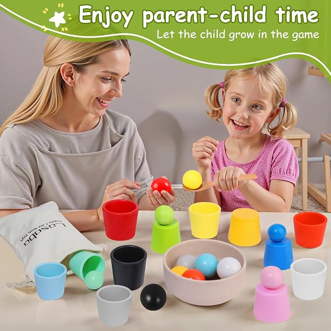 Rainbow Balls in Cups Toddler Montessori Toys (12 Balls, 1.4 in) | Color Sorting Toys for Toddlers for 3 Year Old Up, Learning Color Sorting and Counting, Kids Preschool Wooden Matching Games
