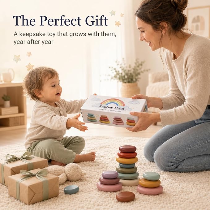 Rainbow Stones Wooden Stacking Rocks for kids 2-4, 16 PCS Montessori Waldorf Toys for 3 4 5 6 Year Old, Balancing Stones, Stacking Building Blocks, Sensory STEM Gift for Boys Girls Kids