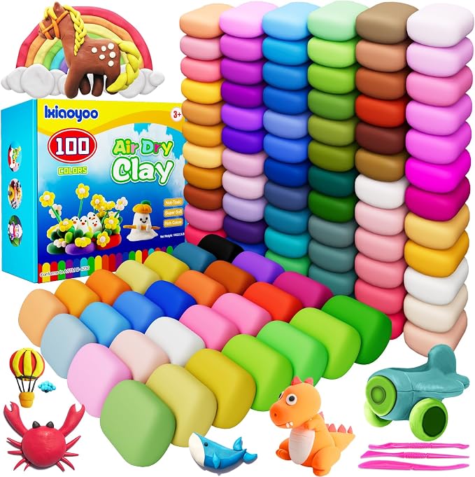 Ixiaoyoo Air Dry Clay, 100 Colors Foam Modeling Clay for School Projects | Safe & Non-Toxic, Soft, Non-Sticky, DIY Model Crafts Kids Toys for Home Party Favors, Birthday Gifts for Aged 3–12 Boys Girls