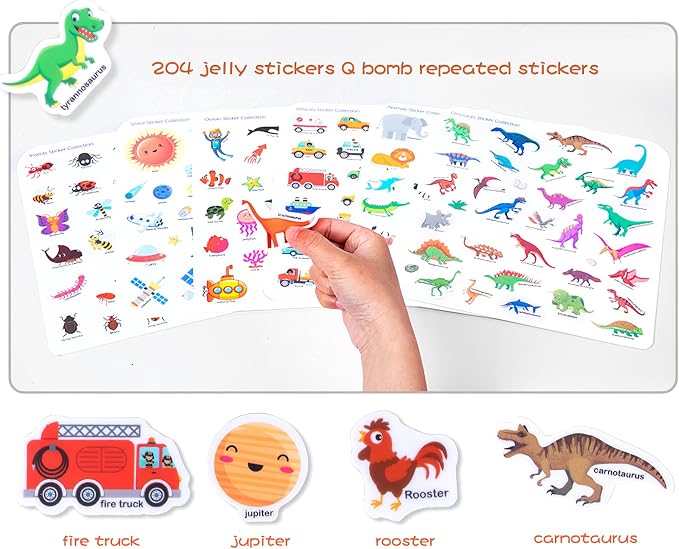 Jelly Reusable Sticker Books, Portable Travel Toys Sticker Activity Book for Kids 3+ Year Old Girls Boys, Animal Insect Dinosaur Ocean Space Car