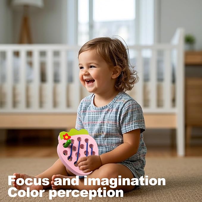 Wooden Lacing Toys for Kids,Strawberry Threading Learning Fine Motor Skills,Montessori Sensory Educational Wooden Pattern Block Puzzle Travel Gift for 3 Years Old Baby Boys Girls