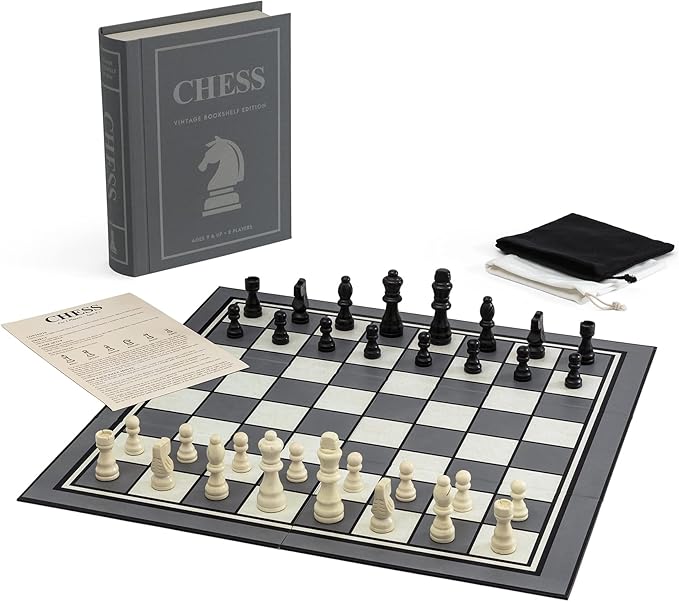 WS Game Company Chess Vintage Bookshelf Edition Board Game with Wood Pieces | Classic 2-Player Strategy Game, Linen-Wrapped Book Box, Integrated Storage, Full-Size Folding Board, Adults and Kids 9 and Up