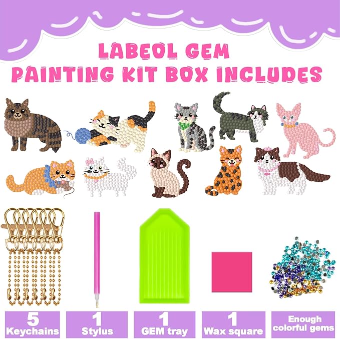 Labeol Arts and Crafts for Kids - Creat Your Own GEM Keychains-5D Diamond Painting by Numbers GEM Kits for Kids Girls Toddler Age 6-7 6-8 10-12