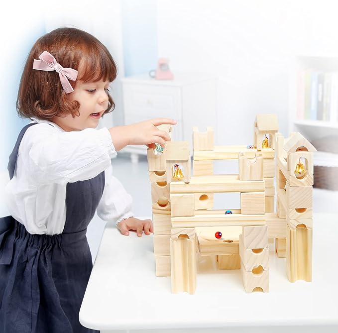 Wooden Marble Run for Kids, 80 Pieces Maze Construction Building Play Set | Wood Building Blocks Toy, Marble Track Maze Game, STEM Educational Learning Toys for Kids