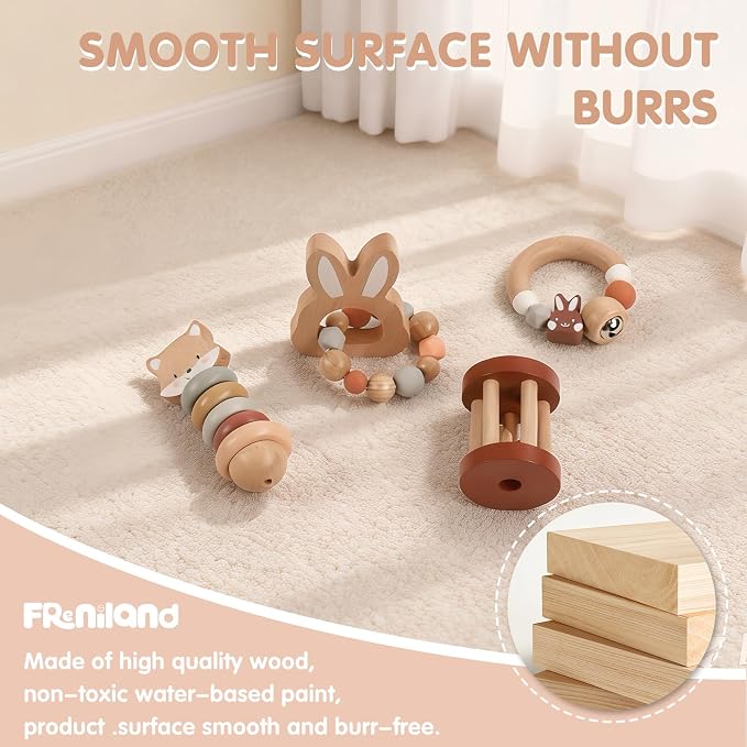 Freniland Wooden Baby Toy Set, Montessori Grasping Toys for Infants 10M+, Bunny & Bear Themed Natural Wood Sensory Toys, Fine Motor Skill Development Gift for Boys & Girls