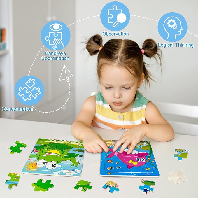 Sealive Wooden Animal Puzzles for Kids Ages 3-5, 6 Pack 16 Piece Jigsaw Set | for Toddlers & Preschoolers, with Early Learning, Fine Motor Skills, Problem Solving, Screen-Free Play, Travel & Gift Option