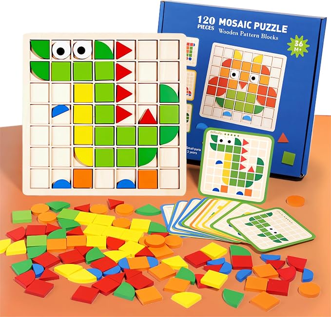 Pattern Blocks and Boards with 120 Pieces Colored Wooden Shape Blocks, with 20 Pieces Design Cards, Kindergarten Classic Geometric Puzzles Toys for Girls and Boys