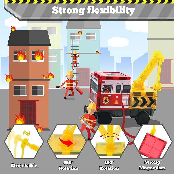 Magnetic Tiles Fire Truck Set,Magnet Blocks for Kids Ages 4-8 Boy STEM Toys | City Fire Rescue Station,Firefighter Pretend Play, Crane, Road,Car,Construction Building Toys for 4-8 Year Old Birthday Gifts