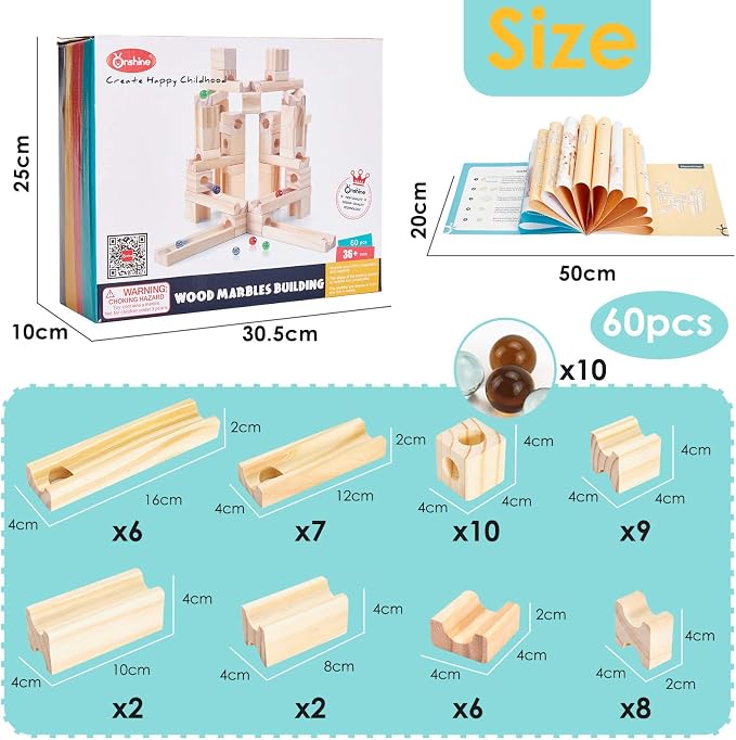 Wooden Marble Run for Kids Ages 4-8, 60 Pieces Wood Building Blocks Toys and Construction Play Set, Marble Track Maze Game STEM Learning Toys Gifts for Boys Girls (60pc Set)