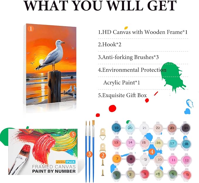 Fountor Seagull Framed Paint by Numbers Kit for Adults Beginner 8x12 Inch | For Adults & Kids Ages 8-12, DIY Acrylic Painting, Sunset Paint by Number with frame, Stress Relief Home Wall Decor Gifts