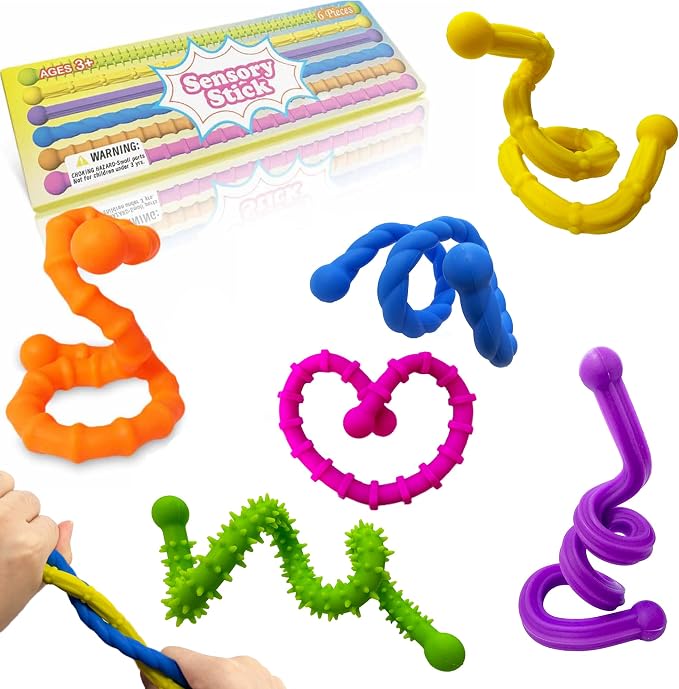 Tendry Fidget Sensory Sticks Toys for Kids Adults, 6PCS Silicone Textured Sensory Anxiety Relief Fidgets for Classroom Prize with Autism ADHD, Calm Down Corner Supplies（3 Yeas+）