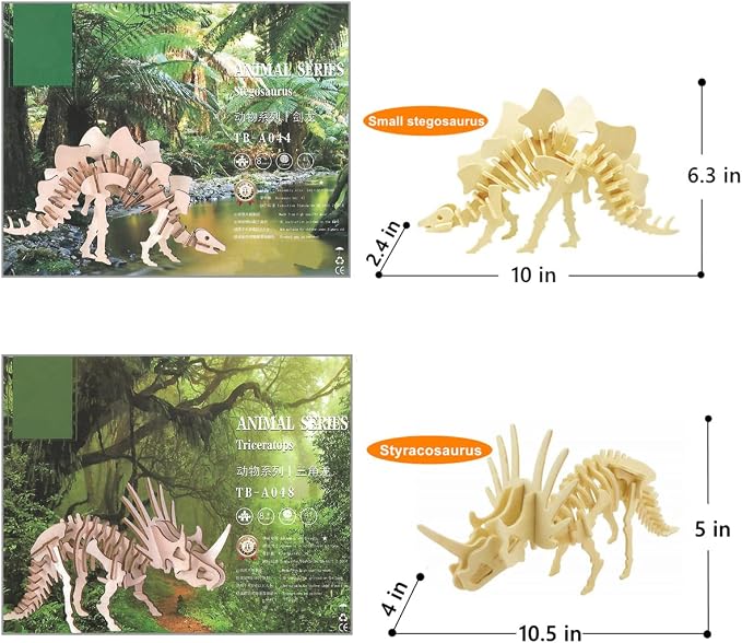 3D Wooden Dinosaur Puzzle - 6 Piece Set Wood Dinosaur Skeleton Model Puzzle - DIY Wooden Crafts 3D Puzzle - STEM Brain Teaser Puzzle Gifts
