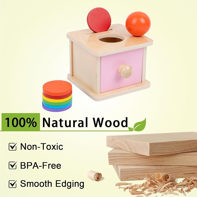 Adena Montessori Pink Wooden Coin Box 2 in 1 Object Permanence Toy 6+ Mo | Includes 6 colorful wood discs and a ball, works as color shape sorter and baby toy storage, smooth burr-free linden wood