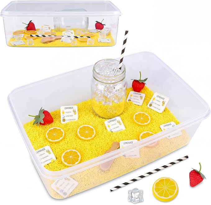 Beeveer 39 Pcs Lemonade Sensory Bin for Kids Summer Sensory Set with Box Yellow Rice Filler Fake Lemon Slices Cubes Cards Strawberry Jar Straw Spoon for Toddlers Gifts Summer Counting Sorting Tools