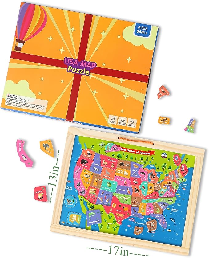 GRINNIE USA Map Puzzle for Toddlers 3 4 5 Years Old, Magnetic Wooden Jigsaw Learning Puzzle with Writing Board for Kids Age 4-6, Preschool Educational Toy Gift for Boys Girls Birthday Christmas