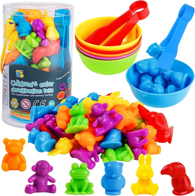 RAEQKS Counting Sorting Toys Matching Stacking Toys with Bowls Preschool Learning Activities for Math Montessori Fine Motor Skills Sensory Animals Toy Sets Gift for Kids Boy Girl Aged 3+ Year