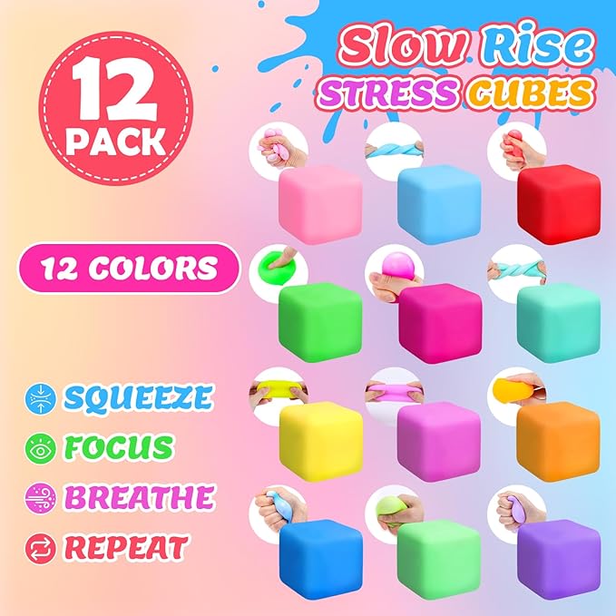 VISCOO 12 Pack Slow Rising Stress Cube, Stress Balls Fidget Squishy Toys | Squeeze Toy for Anxiety Relief, Pull Stretch Squishy Ball for Classroom Prize, Party Favors for Kids Adults