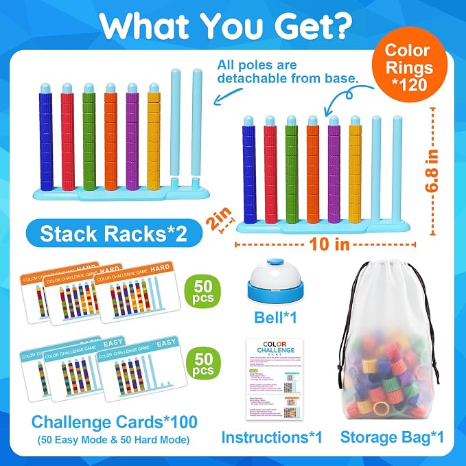 2 Pack Color Challenge Game – 2 Players Color Matching Puzzle Game, Fun Board Game for Kids 6-8-12, Adults, Party & Family Game Night, Stacking Game with 2 Stack Racks, 100 Cards, 120 Rings & Bell