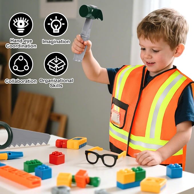 Liberry Kids Tool Set Pretend Toy for 3 4 5 Years Old with Costume | Breathable Fabric, Durable Helmet, Smooth Edges, Construction Worker Role Play, Halloween Birthday Gift for Boys Girls