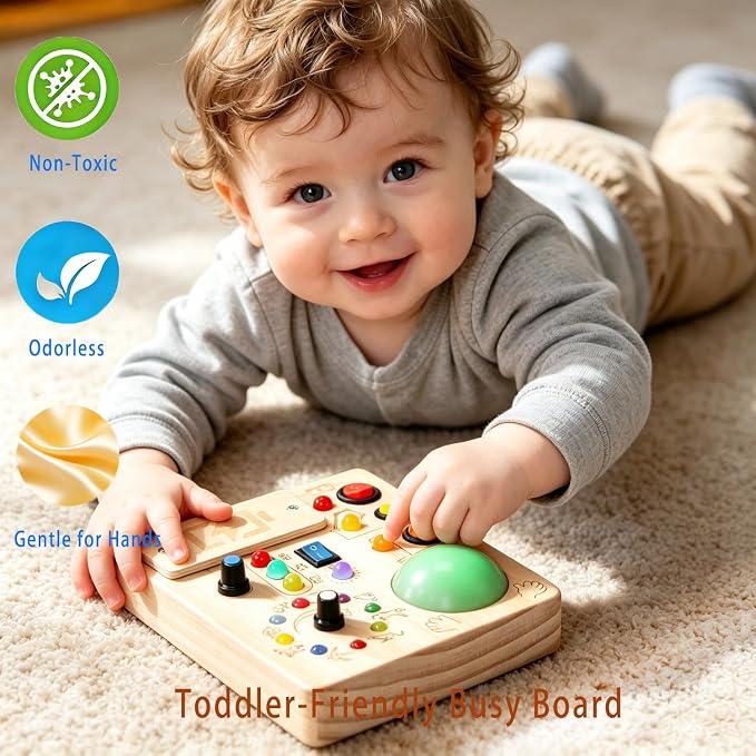 Toddler Busy Board ,Montessori Toy with Tap Light ,6.9"x5.9" Wooden Busy Board with LED Traffic Light for Kids , Travel Sensory Toys for 1+ Year Old baby Christmas/Birthday Gift(Battery Not Included)