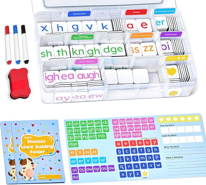 JoyCat 265 Phonics Magnetic Letter Tiles, with 3 Word Building Folder | 265 magnetic letter tiles with word folders support phonics, spelling and reading practice for preschool classrooms