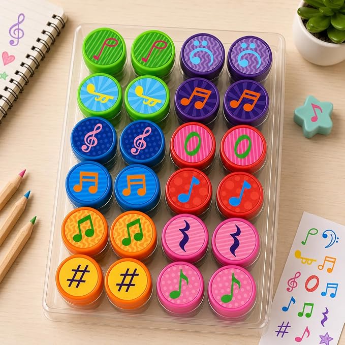 Cinrobiye 24 Pcs Music Note Stampers Party Favor Set, Pre-Inked Musical Note Stamps for Kids, Music Theme Birthday Party Supplies, Classroom Rewards, Goody Bag Fillers, Piñata Fillers
