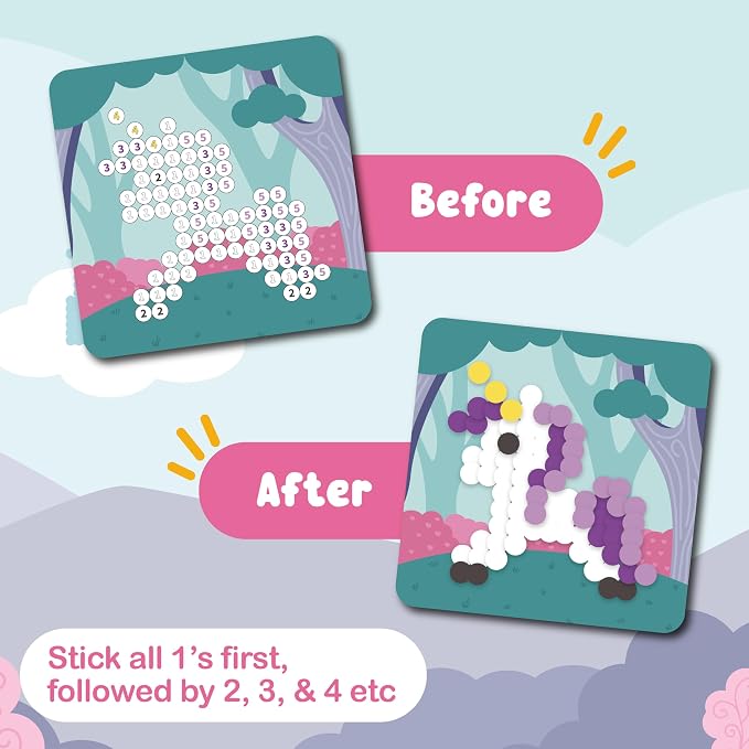 BINCA Dotties Dot Art Activity Kit, 1500+ Stickers, 8 Unicorns & Princesses Mess-Free Activities, DIY Dot Sticker Art, Kids Travel Activities, Gifts for Girls Ages 4,5,6,7