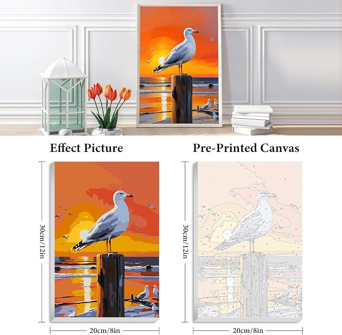 Fountor Seagull Framed Paint by Numbers Kit for Adults Beginner 8x12 Inch | For Adults & Kids Ages 8-12, DIY Acrylic Painting, Sunset Paint by Number with frame, Stress Relief Home Wall Decor Gifts