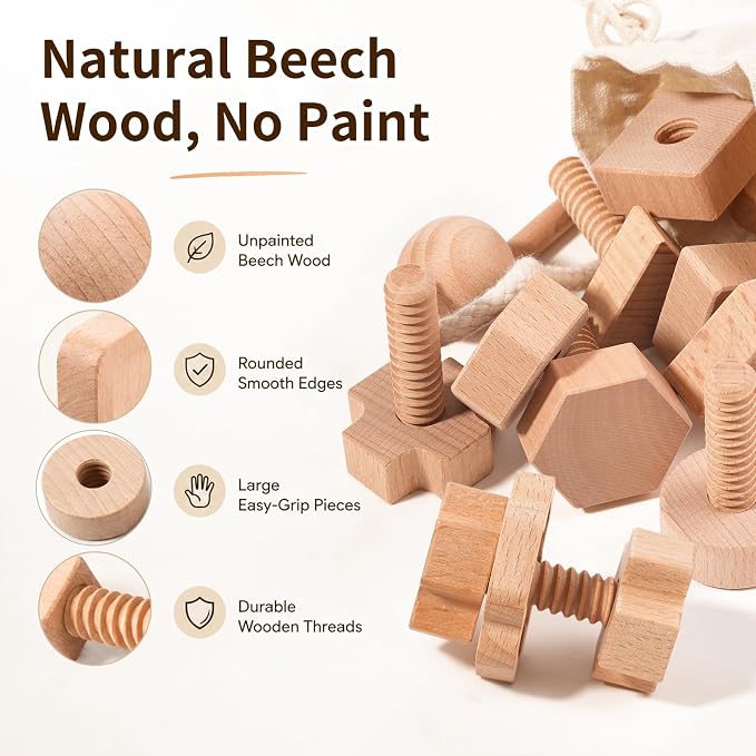 Wooden Screw and Nut Playset for Kids Ages 3,4,5，Montessori Shape Sorting Toy, Lacing Beads, Preschoolers Activities, Building Construction Screw Matching, for Boys Girls