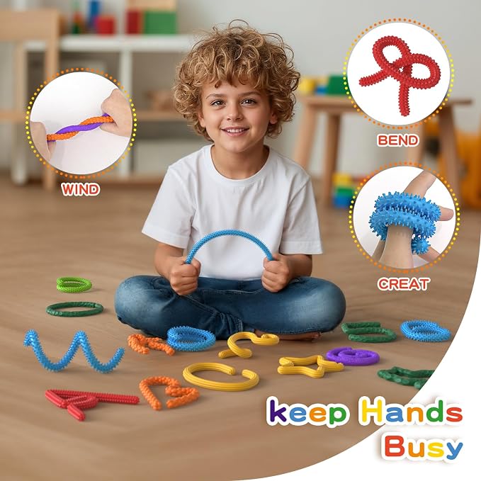 Tactile Sensory Toys Autism, 8PCS Stress Fidget Toys for Anxiety Relief | 8 Colors and 8 Textures, Stretchy Noodles for Classroom Travel