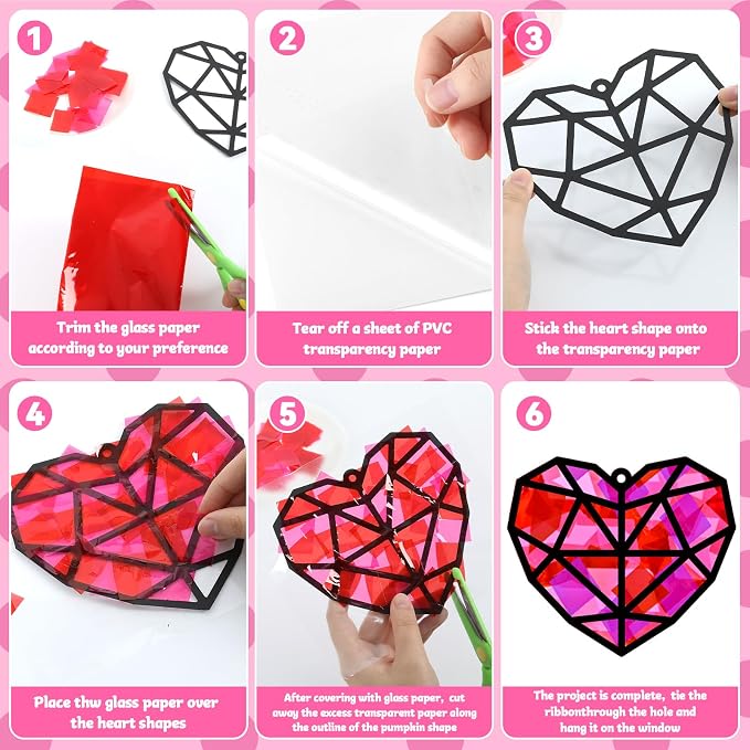 32 Sets Heart Suncatchers Craft Kit for Valentine's Day DIY Window Stained Glass Paper Pink Love Home School Classroom Decor Valentines Art Craft Creative Activity Project Kid Christmas Gift Favor