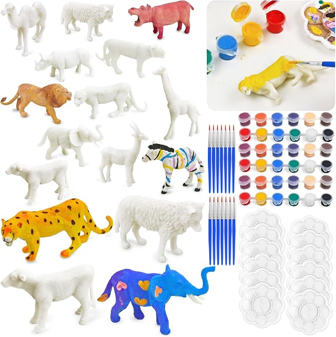 Vileafy Safari Animal Painting Craft Kits, 12 Paintable Figurines for Kids | 12 Jungle Animal Figures with 36 Colors. Fun Animal Crafts for Birthdays, Classrooms and Party Favors