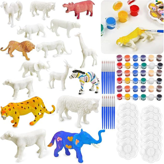 Vileafy Safari Animal Painting Craft Kits, 12 Paintable Figurines for Kids | 12 Jungle Animal Figures with 36 Colors. Fun Animal Crafts for Birthdays, Classrooms and Party Favors