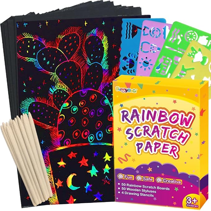 FUNNYB&G 200 Pcs Rainbow Scratch Paper Art for Kids Arts and Crafts Kit | Rainbow Scratch Paper Set Supplies School Activities Coloring Sheets Travel Toys for Party Games Christmas Birthday Gifts