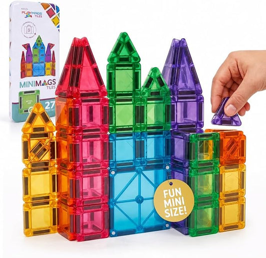 Playmags Mini Magnetic Tiles for Kids 27-Piece Set | Travel Magnetic Blocks | STEM Sensory Educational Toys | Portable Toddler Building Toys | Gift for Boys & Girls Ages 3