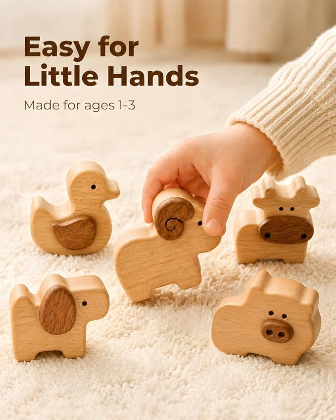 5-Piece Wooden Farm Animal Blocks for Toddlers 1-3 | Solid Beech & Sapele, Montessori Stacking Toys, 2cm Thick Choke-Safe, Birthday Gifts