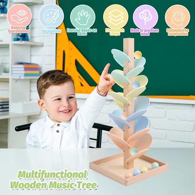 Marble Run Wooden Ball Drop Toys Toddlers 3-5 (Height: 19.9in) (1.1" Balls) | Wood Music Tree for 4-8 Toddlers Musical Game Montessori Toys Learning Color Sorting Sensory Toys for Boys Girls 8-12 Gift