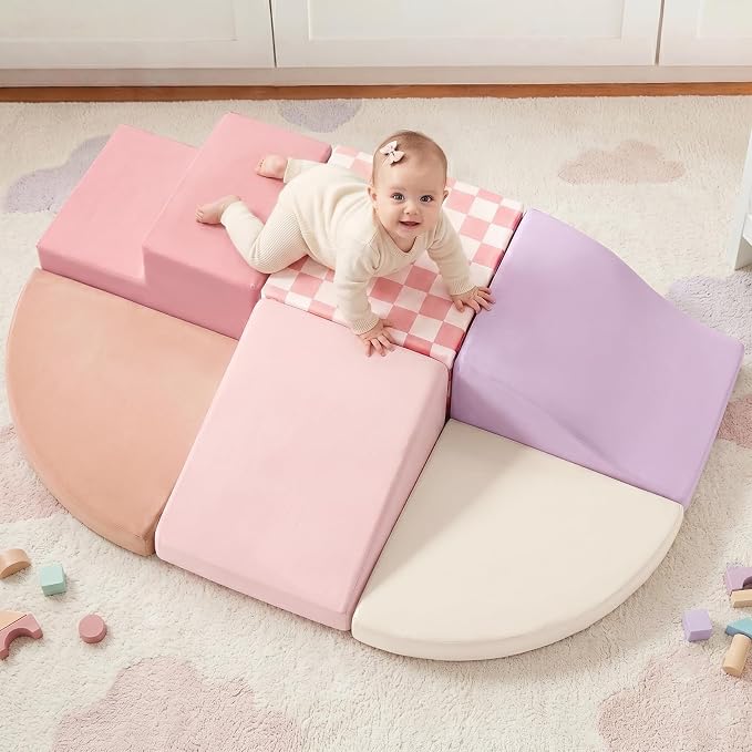 Tiny Land Soft Foam Climbing Blocks for Toddlers, 6-Piece Foam Blocks | Indoor Playground Baby Climbing Toys, Ideal Gift for Kids Activity Crawling and Sliding Foam Play Set (Pink Pastel)
