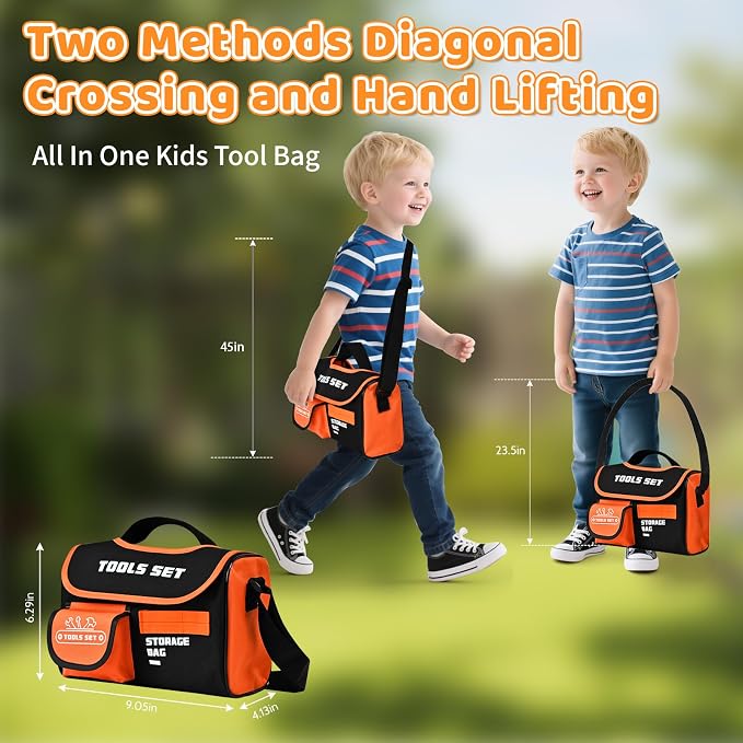 Premium Kids Tool Set, Portable Carrying Bag with Battery Powered Toy Drill, Easy-Grip Pretend Play Toddler Tool Kit, Construction Toys for Boys & Girls Age 3-8, STEM Gifts