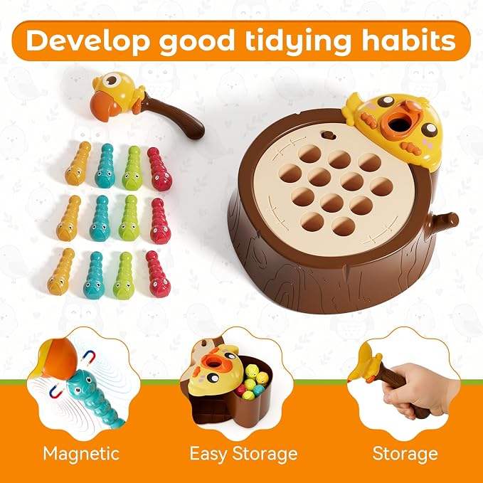 Magnetic Bird Feeding Game, Fine Motor Skills Ages 3-5 Birthday Girls Gift | Woodpecker Worm Catching Game, Montessori Educational Toy, 2 Speeds with Music, Safe Materials Ideal Gift for Toddlers 3-5